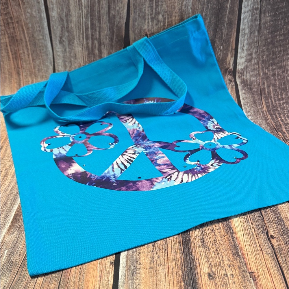 NEW Blue Canvas 15”x16” Tote Bag with Peace Sign Design Item #PHK6053